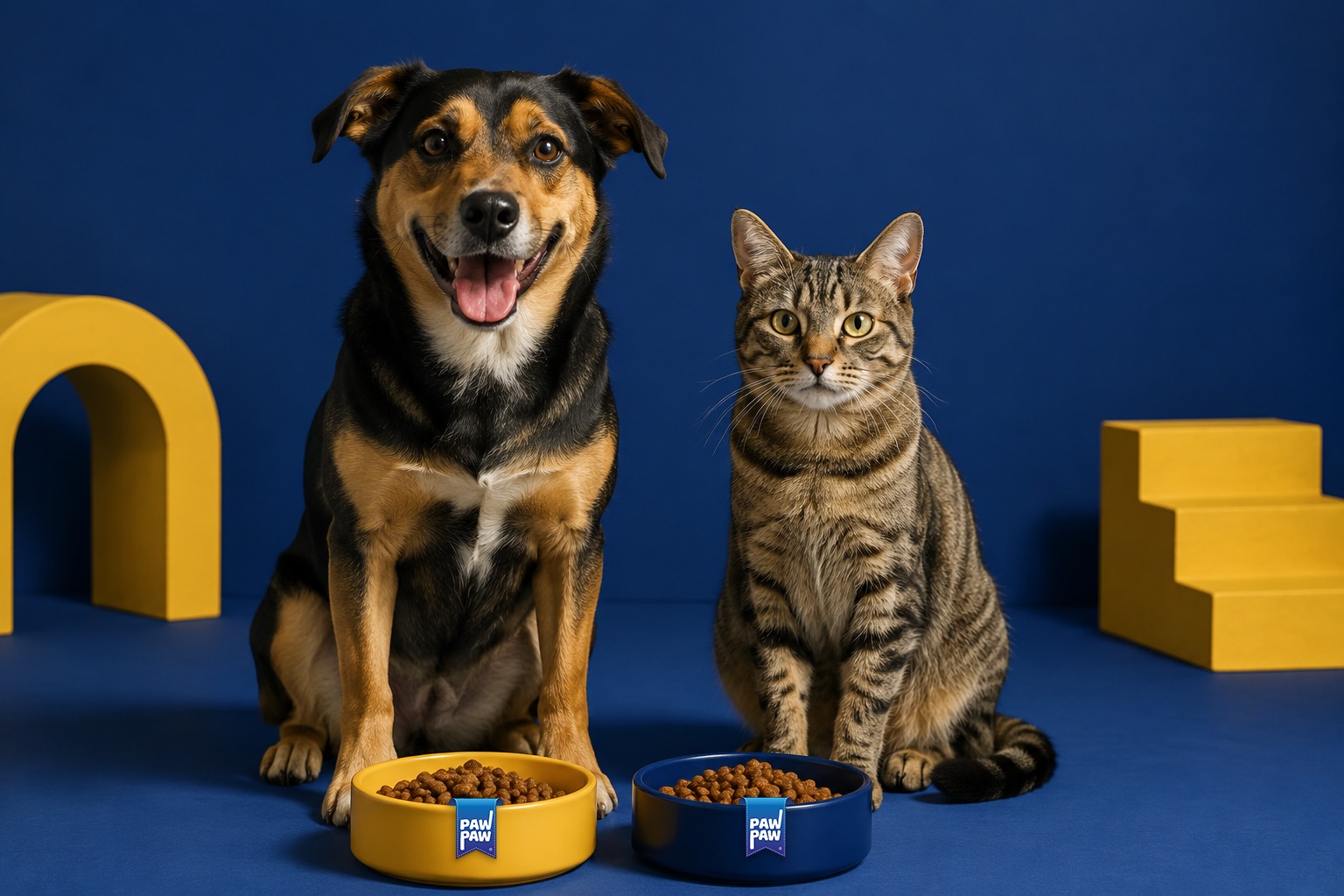 Perro y gato felices junto a sus platos de alimento PAW PAW
